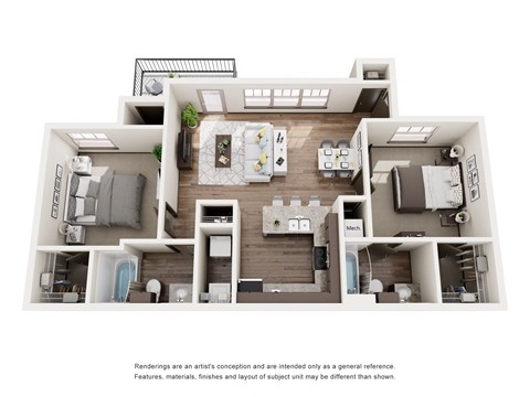 Floor plan for 2 beds, 2 baths, 949 sqft